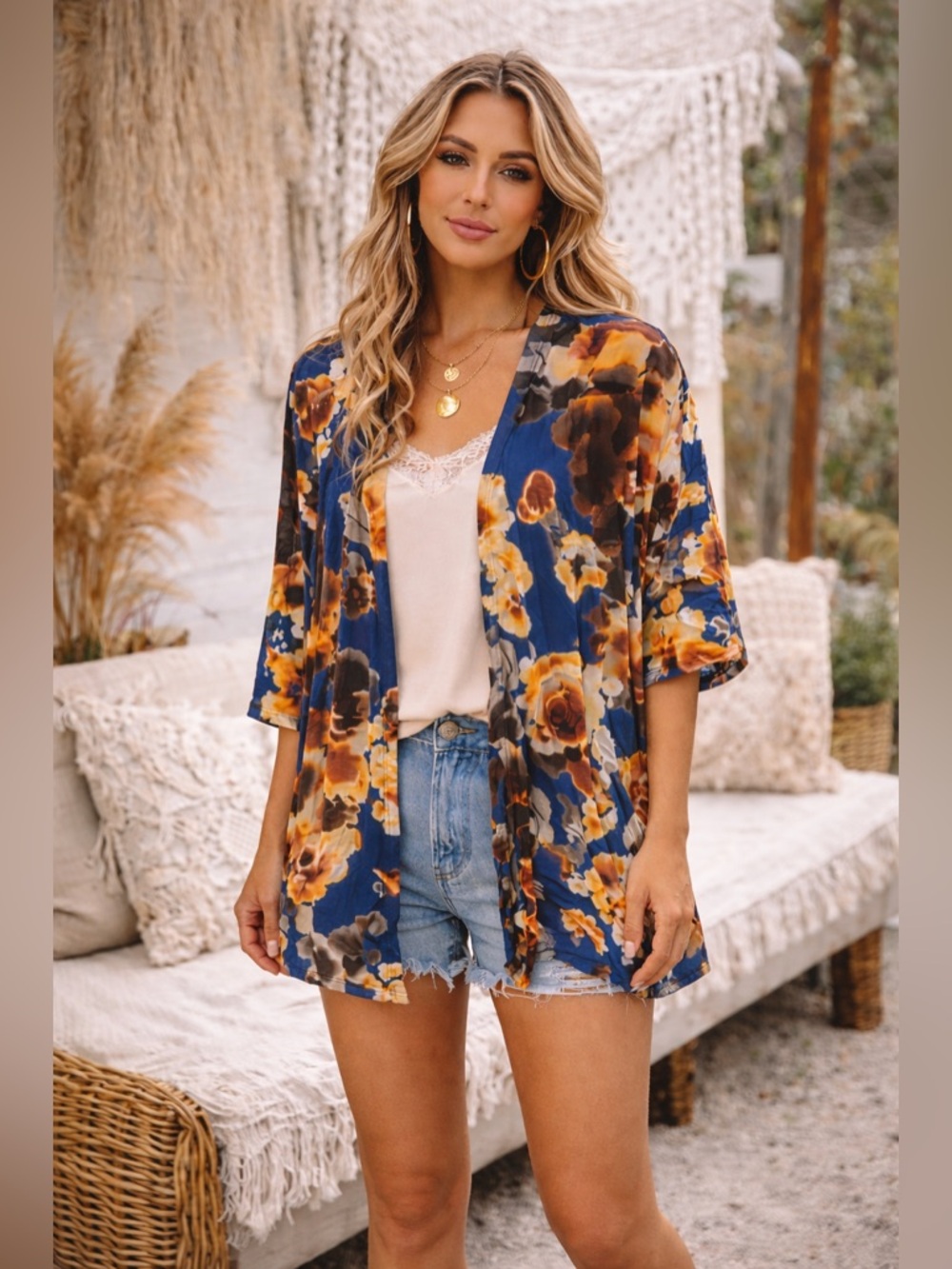 NWT Sew In Love Blue Floral Open Front Cardigan Small Lightweight Boho A11